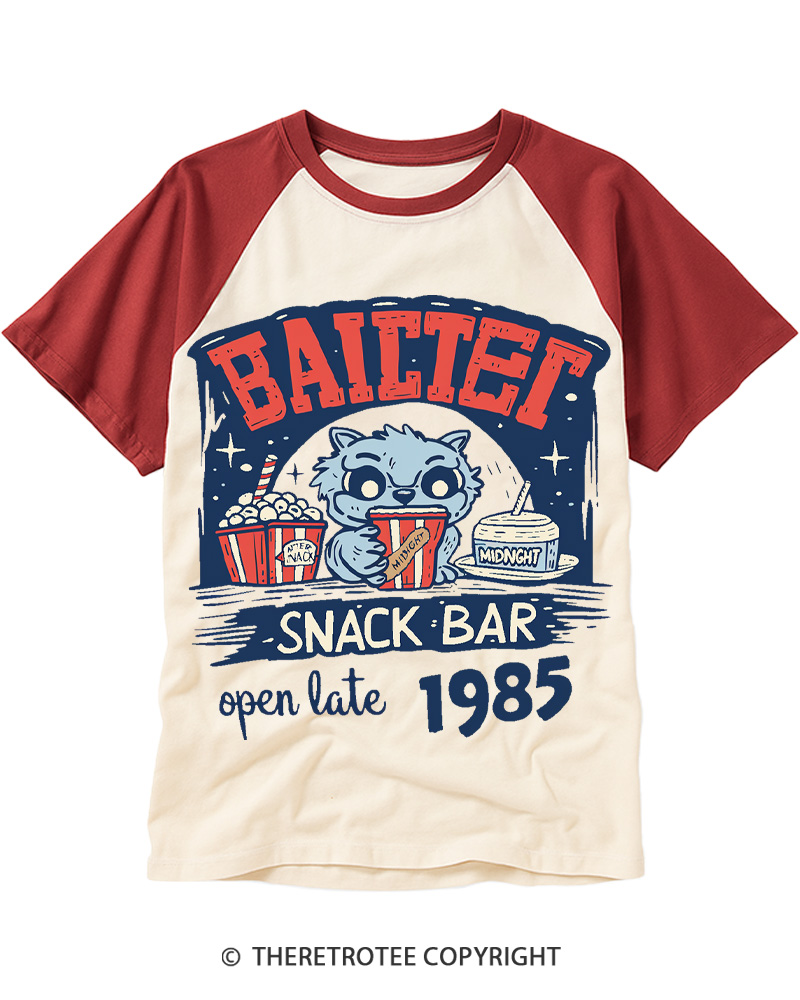 TheRetroTee Baitet Midnight Snack Bar 1980s Raglan Baseball T-Shirt