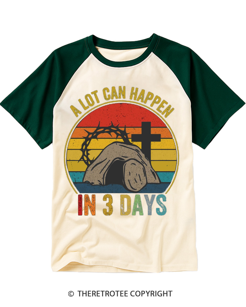 TheRetroTee Retro a Lot Can Happen in 3 Days Christian Jesus Easter Raglan Baseball T-Shirt
