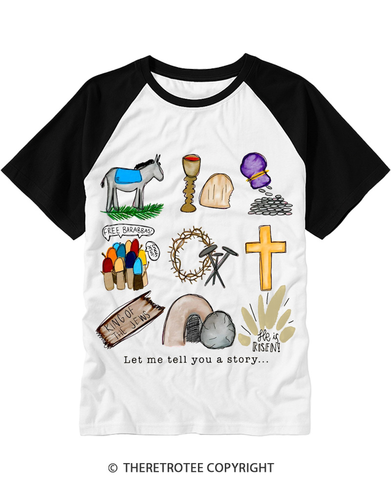 TheRetroTee Let Me Tell You a Story He Is Risen Jesus Vintage Easter Raglan Baseball T-Shirt
