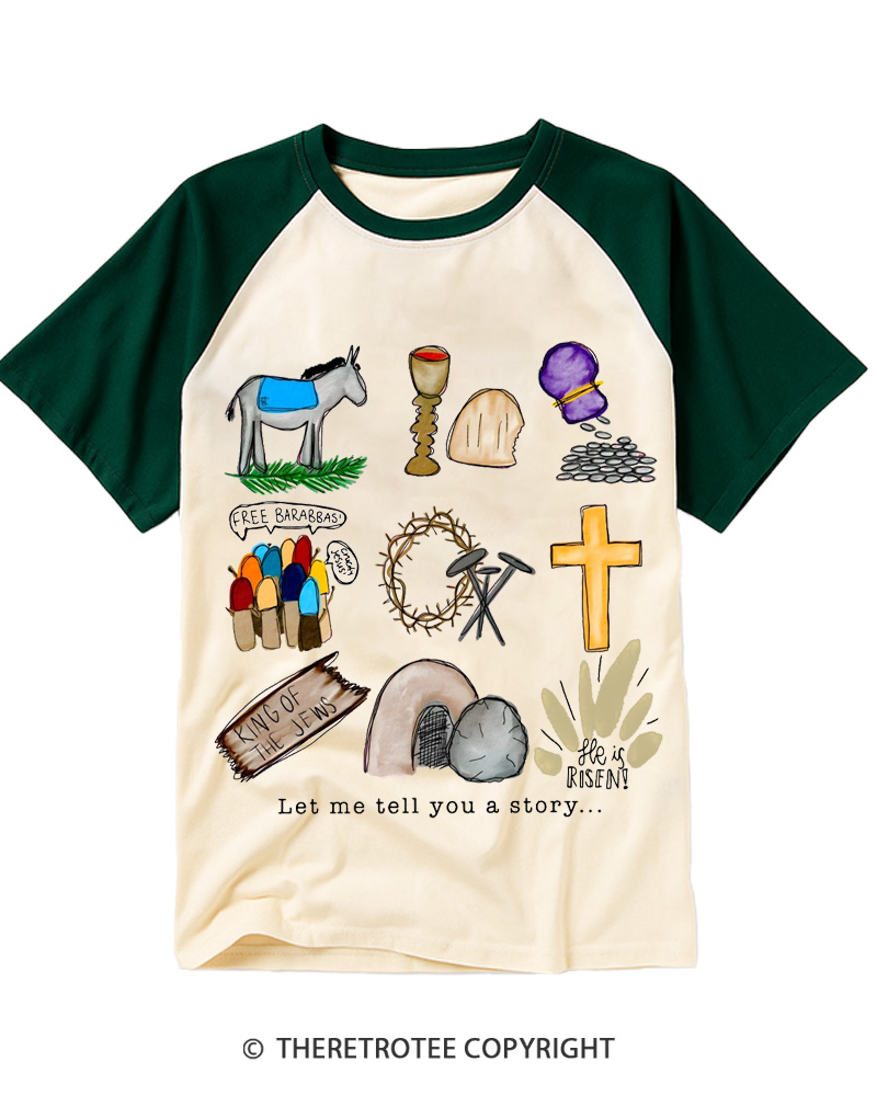 TheRetroTee Let Me Tell You a Story He Is Risen Jesus Vintage Easter Raglan Baseball T-Shirt