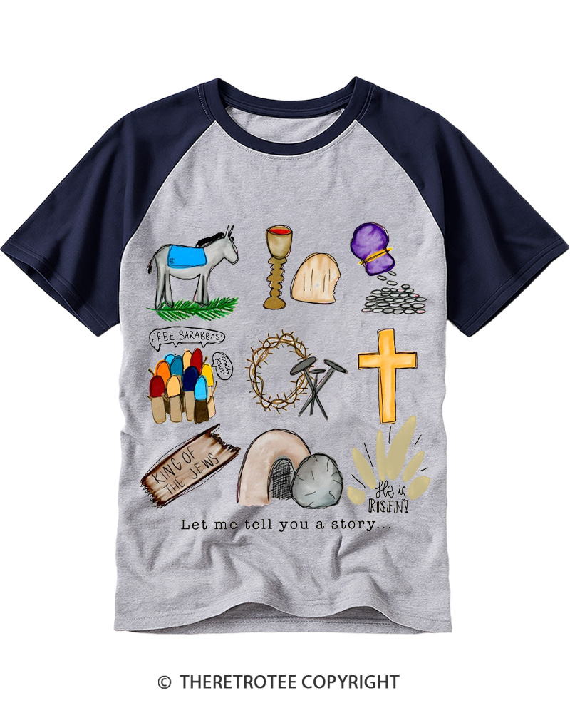 TheRetroTee Let Me Tell You a Story He Is Risen Jesus Vintage Easter Raglan Baseball T-Shirt