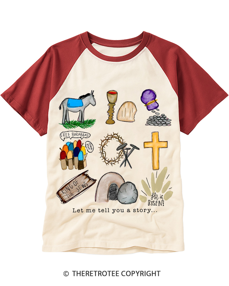 TheRetroTee Let Me Tell You a Story He Is Risen Jesus Vintage Easter Raglan Baseball T-Shirt