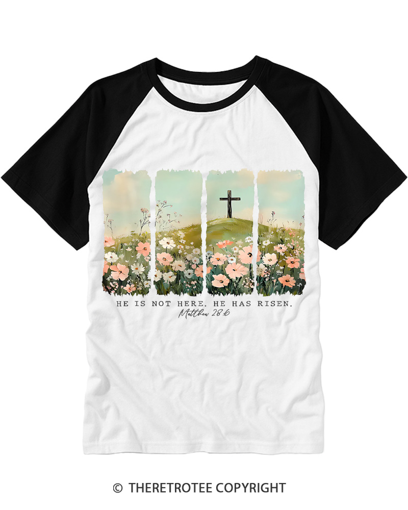 TheRetroTee He Is Not Here He Has Risen Just as He Said Christian Vintage Easter Raglan Baseball T-Shirt