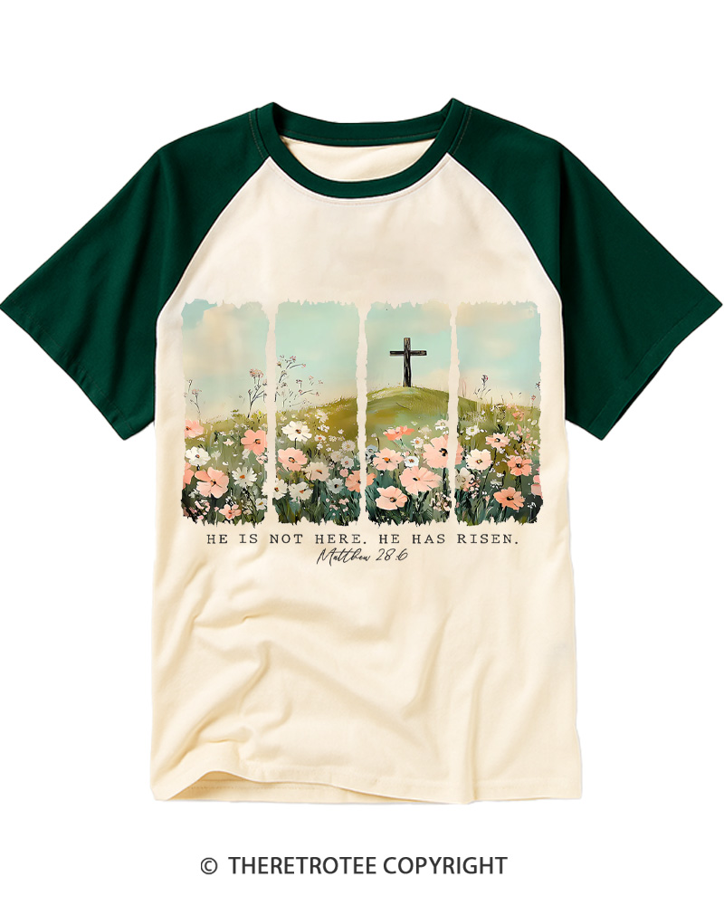 TheRetroTee He Is Not Here He Has Risen Just as He Said Christian Vintage Easter Raglan Baseball T-Shirt