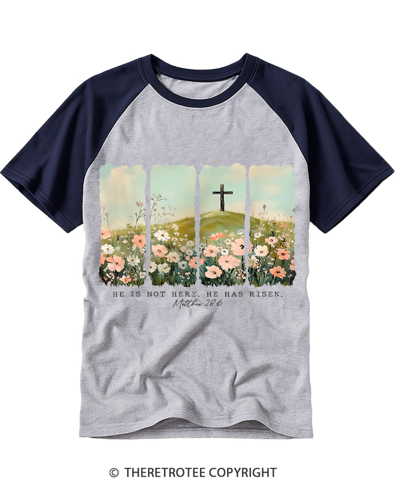 TheRetroTee He Is Not Here He Has Risen Just as He Said Christian Vintage Easter Raglan Baseball T-Shirt