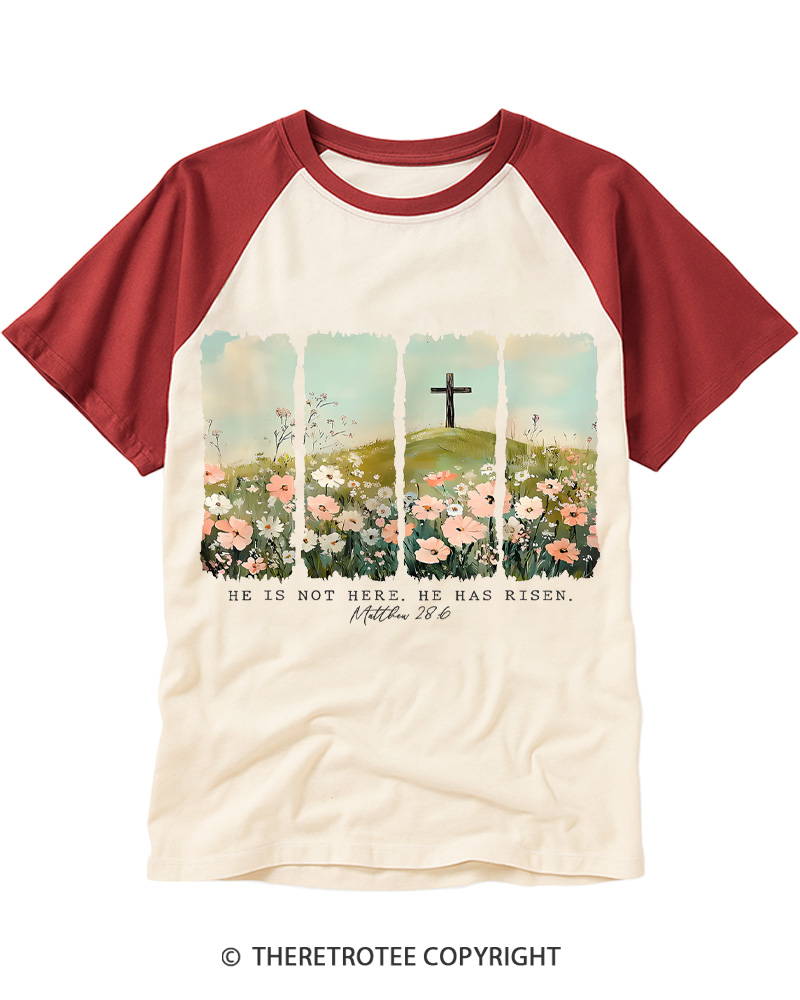 TheRetroTee He Is Not Here He Has Risen Just as He Said Christian Vintage Easter Raglan Baseball T-Shirt