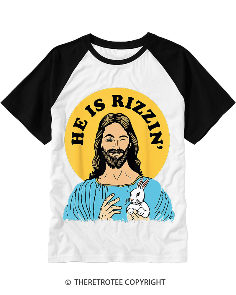 TheRetroTee He Is Rizzin Funny Jesus Christian Vintage Easter Raglan Baseball T-Shirt