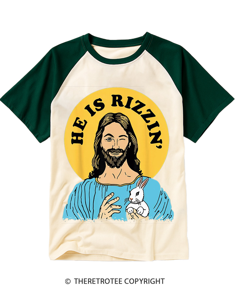 TheRetroTee He Is Rizzin Funny Jesus Christian Vintage Easter Raglan Baseball T-Shirt