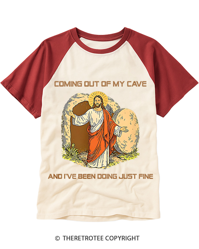 TheRetroTee Jesus Coming out of My Cave Easter Raglan Baseball T-Shirt