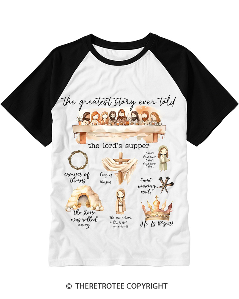 TheRetroTee The Greatest Story Ever Told the Lords Supper Christian Jesus Vintage Easter Raglan Baseball T-Shirt