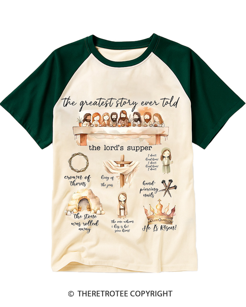 TheRetroTee The Greatest Story Ever Told the Lords Supper Christian Jesus Vintage Easter Raglan Baseball T-Shirt
