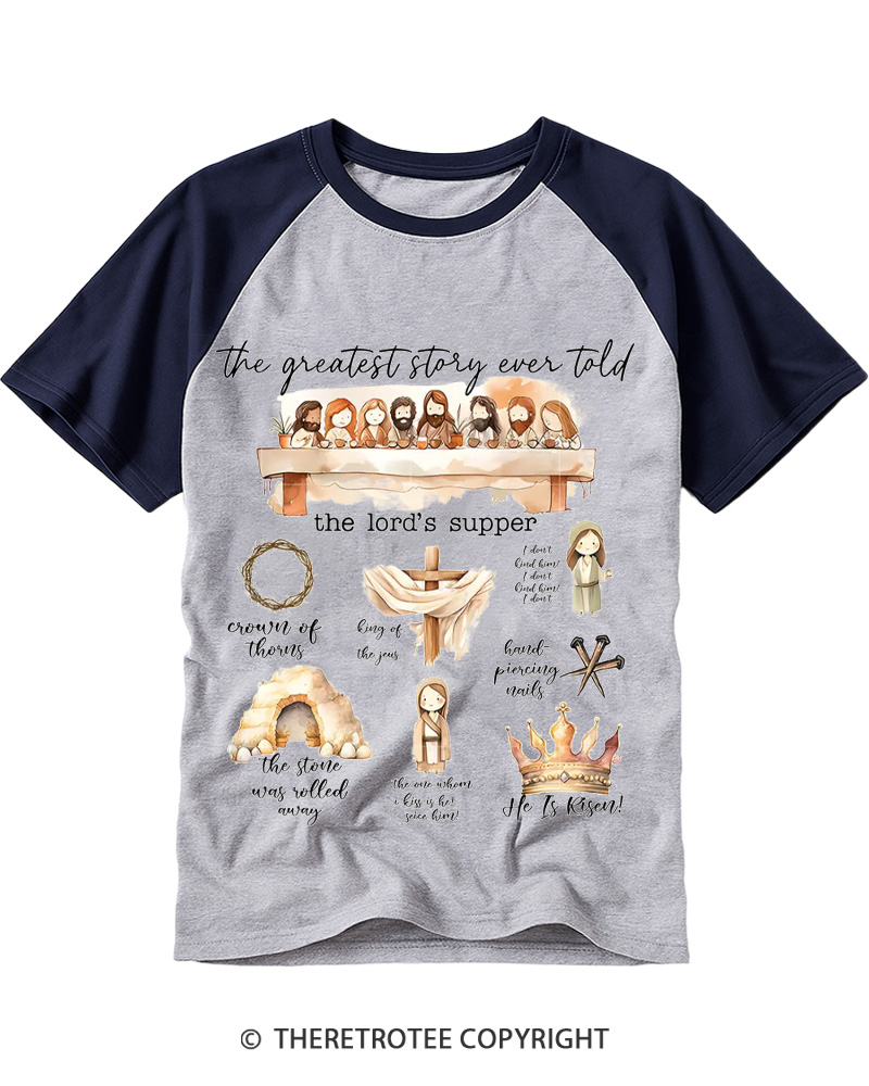 TheRetroTee The Greatest Story Ever Told the Lords Supper Christian Jesus Vintage Easter Raglan Baseball T-Shirt