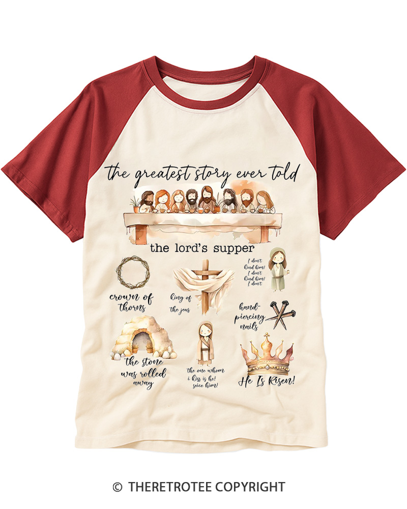 TheRetroTee The Greatest Story Ever Told the Lords Supper Christian Jesus Vintage Easter Raglan Baseball T-Shirt