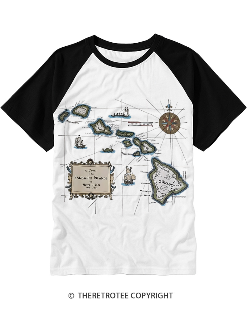 TheRetroTee Vintage Hawaii Map Raglan Baseball T-Shirt