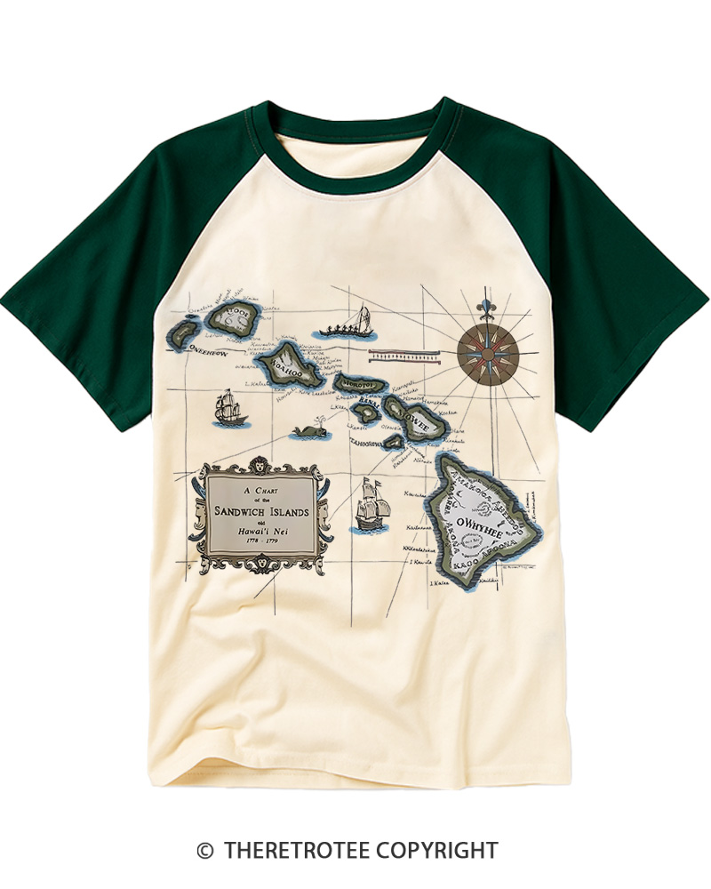 TheRetroTee Vintage Hawaii Map Raglan Baseball T-Shirt