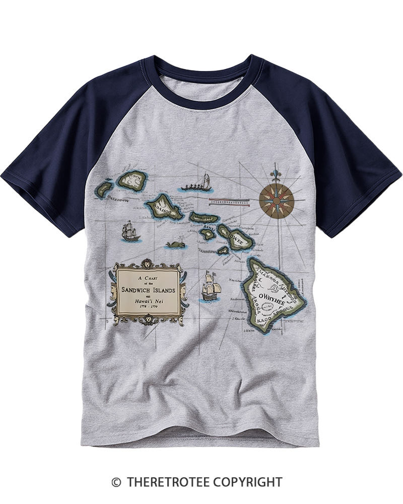 TheRetroTee Vintage Hawaii Map Raglan Baseball T-Shirt