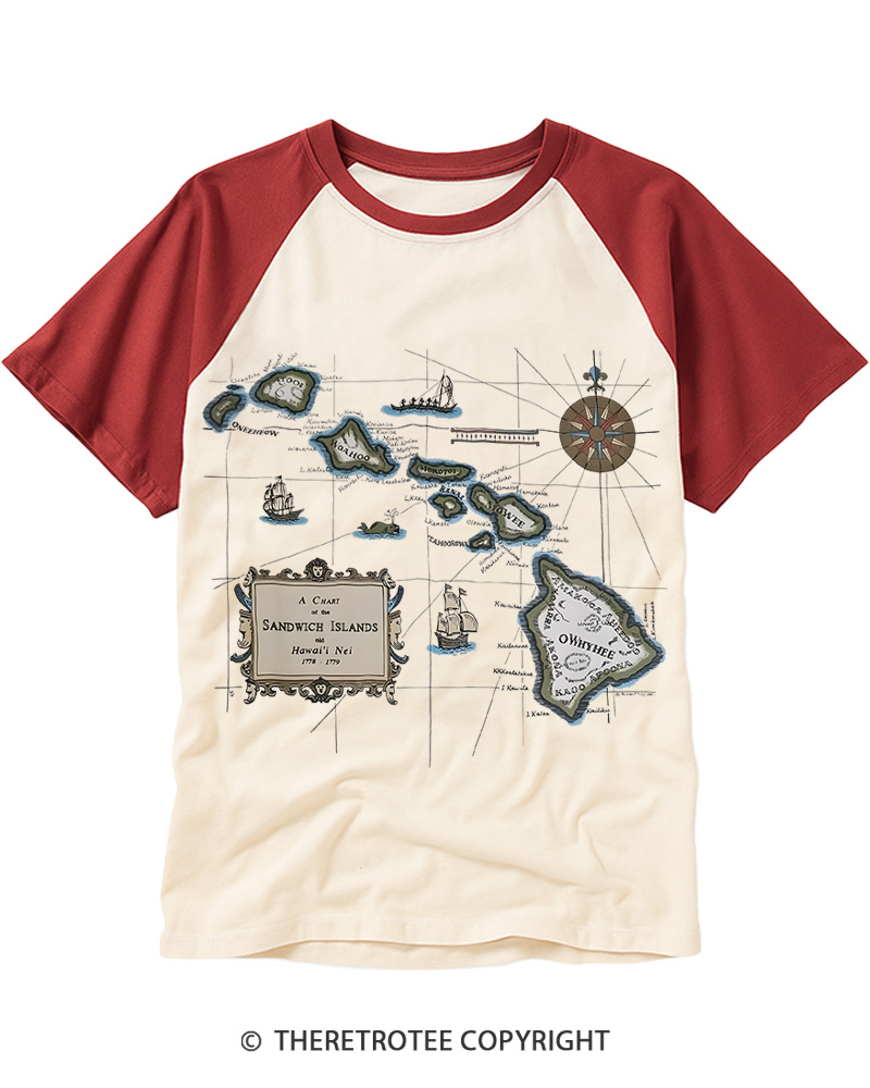 TheRetroTee Vintage Hawaii Map Raglan Baseball T-Shirt