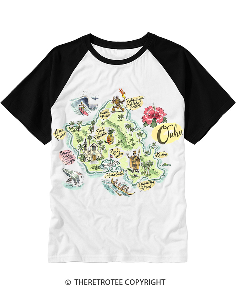 TheRetroTee Oahu Hawaii Map Raglan Baseball T-Shirt