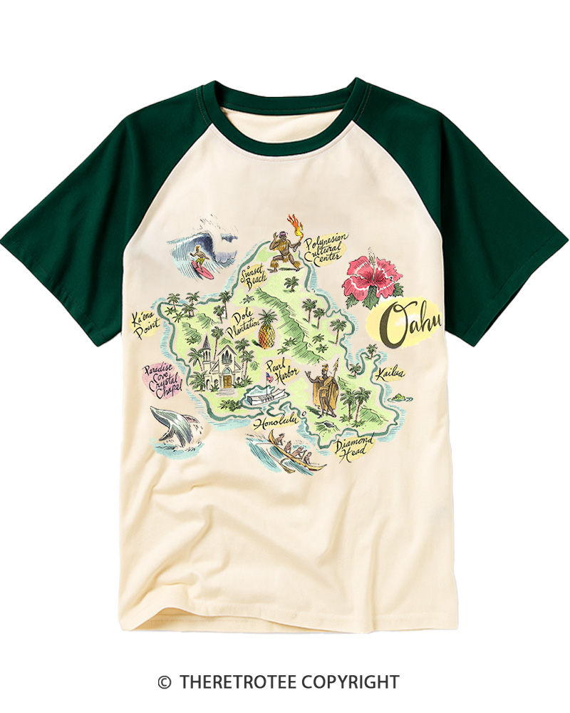 TheRetroTee Oahu Hawaii Map Raglan Baseball T-Shirt