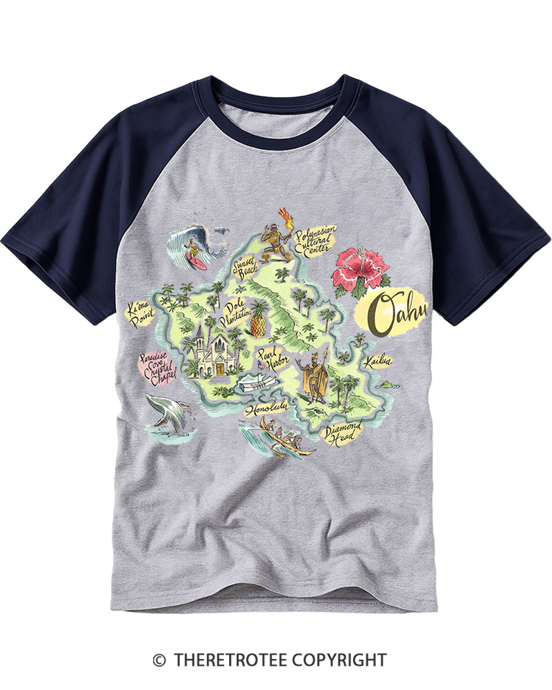TheRetroTee Oahu Hawaii Map Raglan Baseball T-Shirt