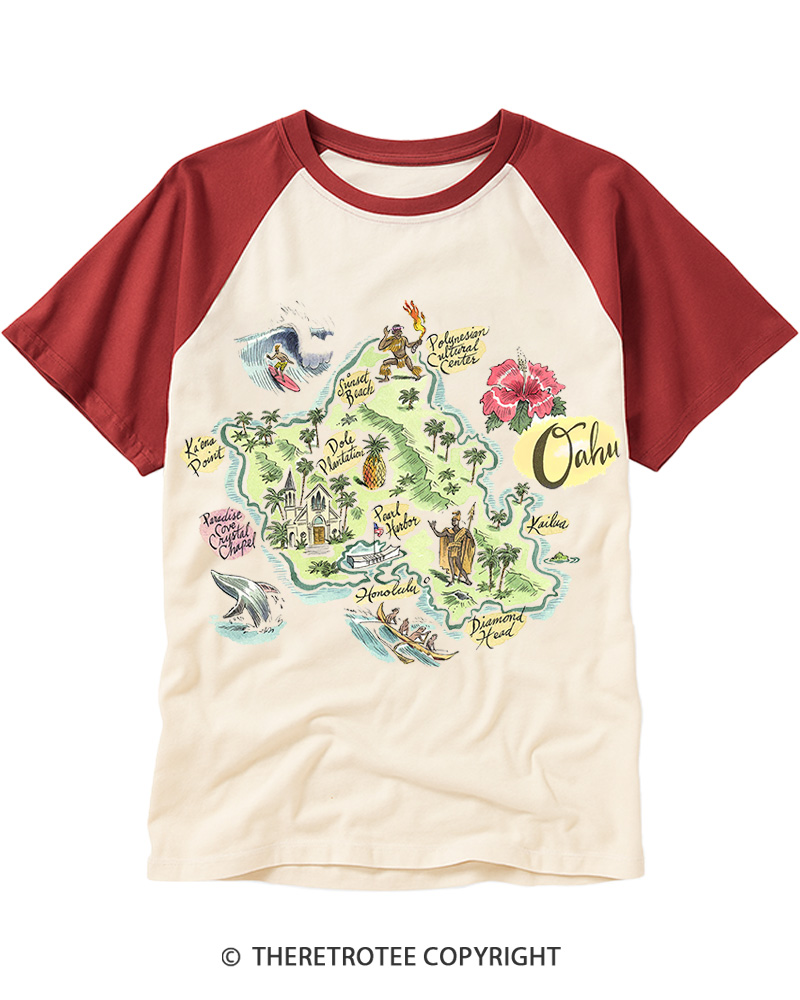 TheRetroTee Oahu Hawaii Map Raglan Baseball T-Shirt