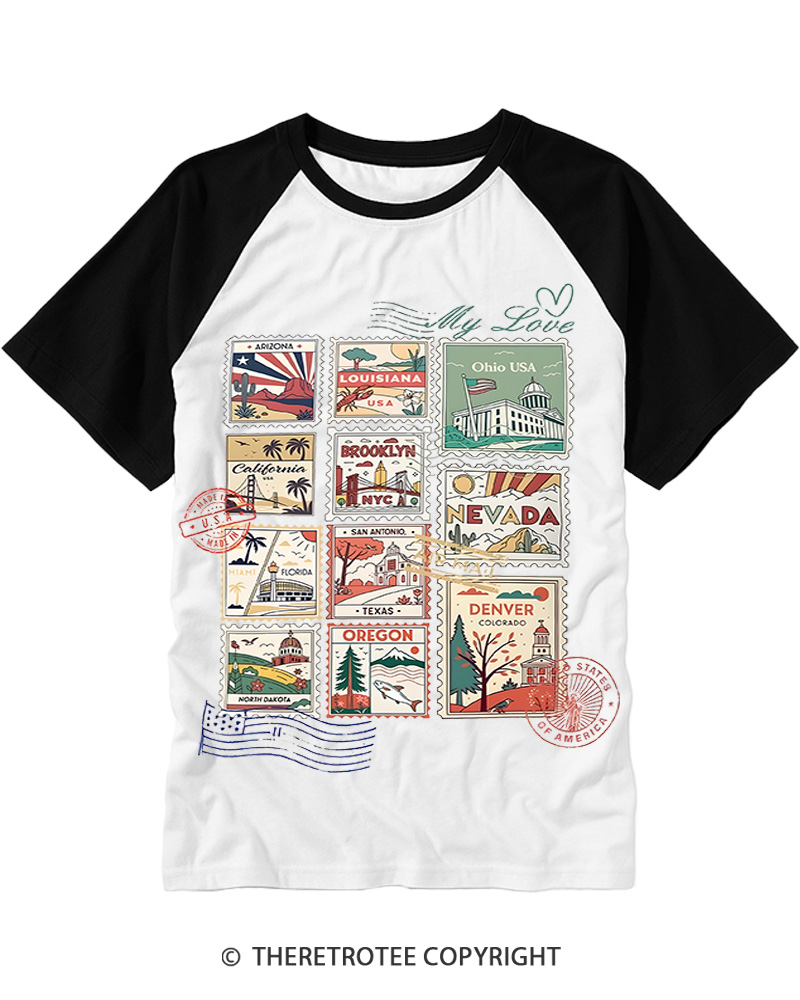 TheRetroTee United States Stamp State Raglan Baseball T-Shirt