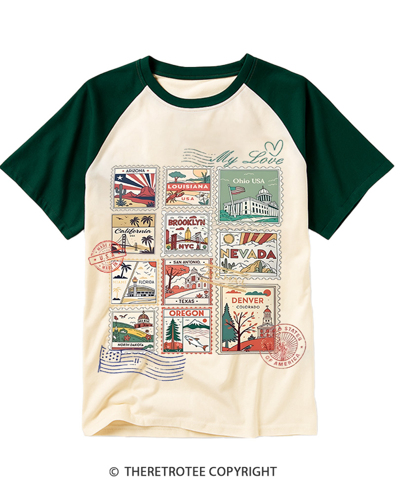 TheRetroTee United States Stamp State Raglan Baseball T-Shirt