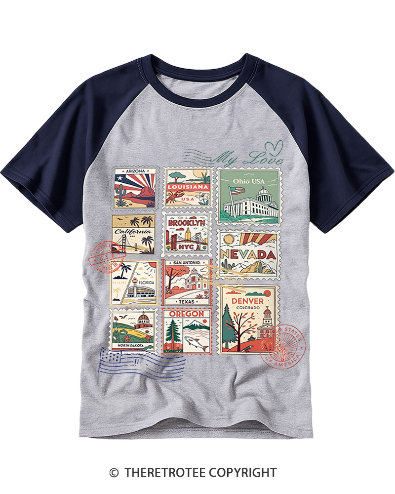 TheRetroTee United States Stamp State Raglan Baseball T-Shirt