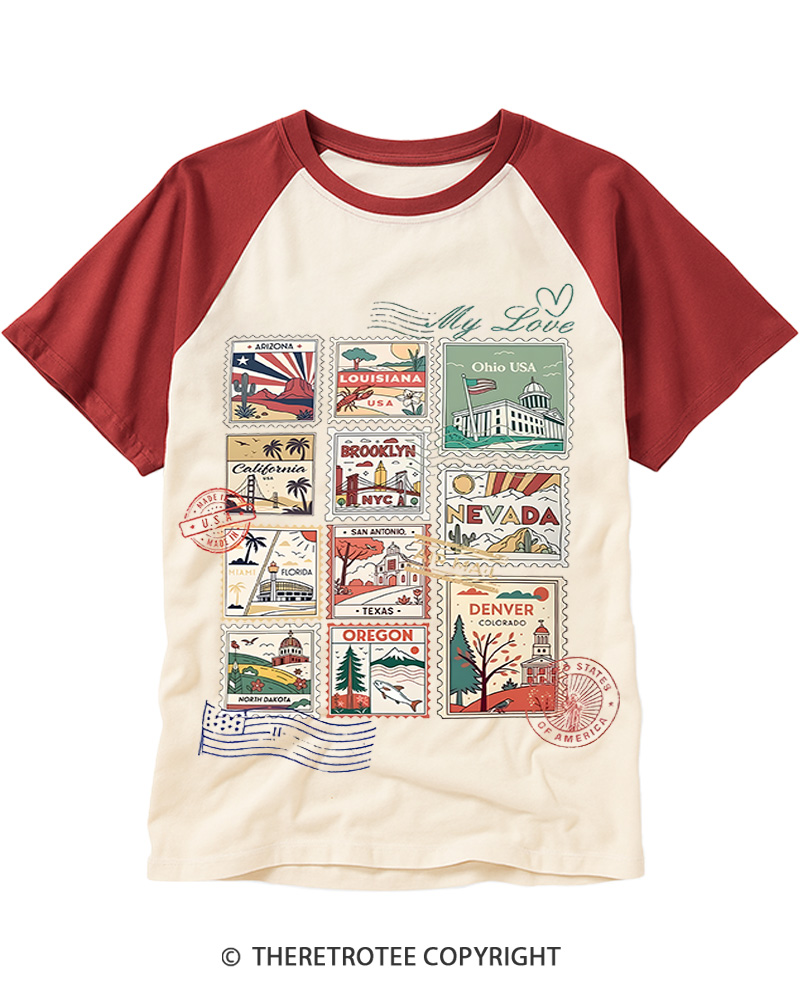 TheRetroTee United States Stamp State Raglan Baseball T-Shirt
