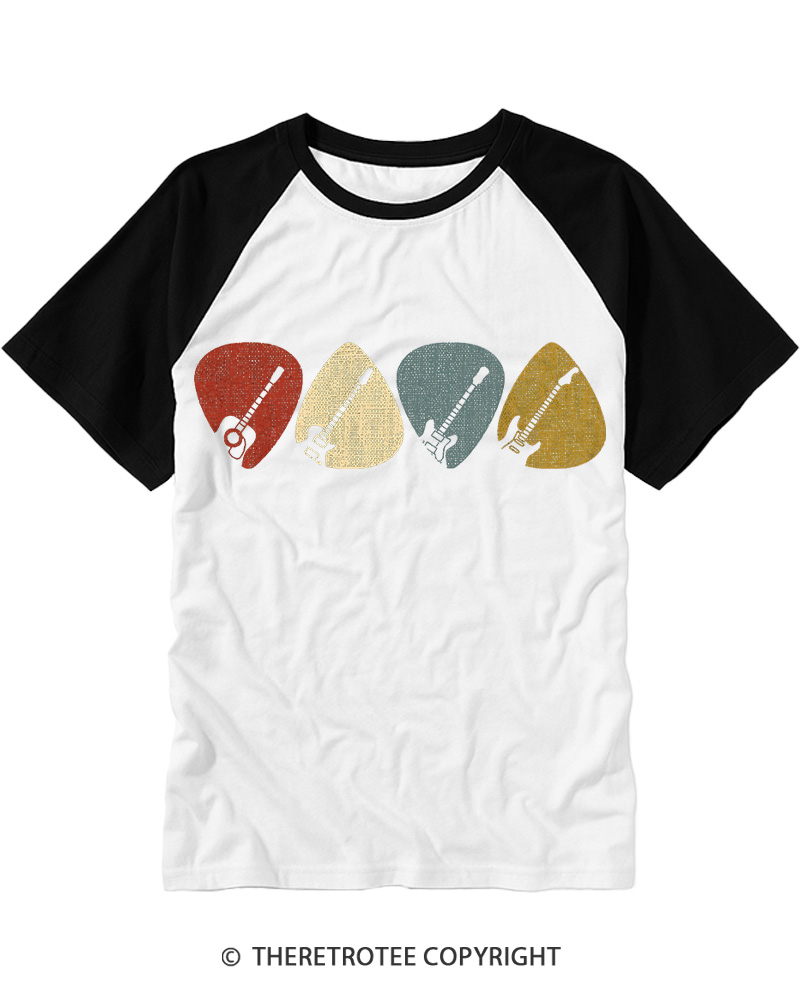 TheRetroTee Guitar Pick Gift For Guitarist 1980s Raglan Baseball T-Shirt