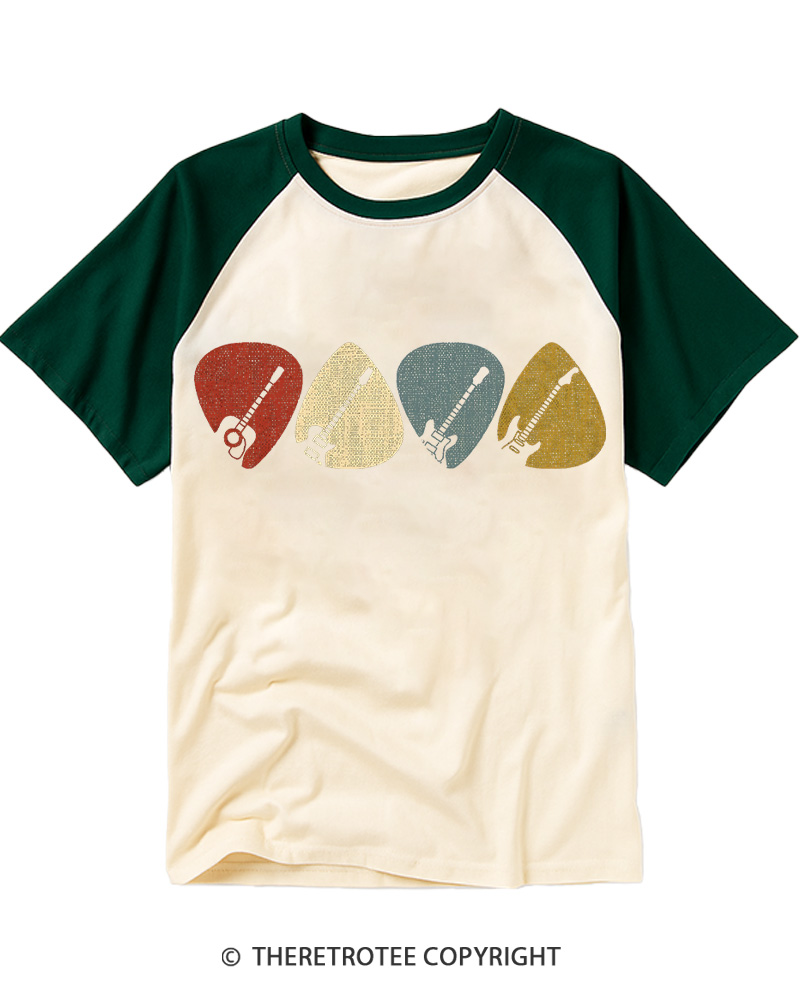 TheRetroTee Guitar Pick Gift For Guitarist 1980s Raglan Baseball T-Shirt