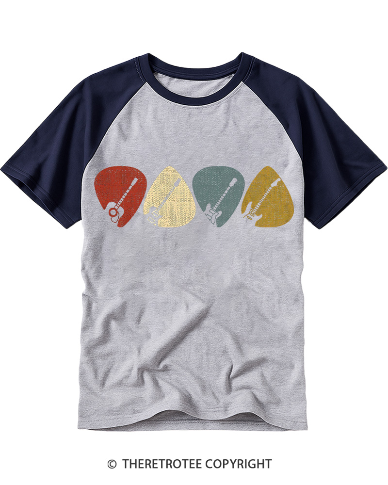 TheRetroTee Guitar Pick Gift For Guitarist 1980s Raglan Baseball T-Shirt