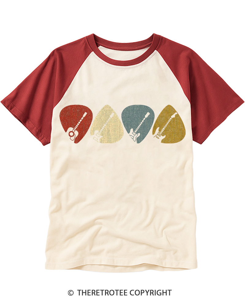 TheRetroTee Guitar Pick Gift For Guitarist 1980s Raglan Baseball T-Shirt