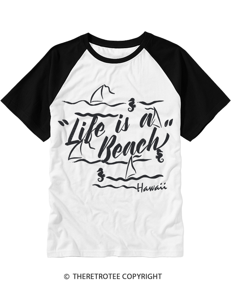 TheRetroTee Life Is A Beach 1980s Raglan Baseball T-Shirt