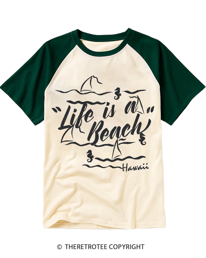 TheRetroTee Life Is A Beach 1980s Raglan Baseball T-Shirt