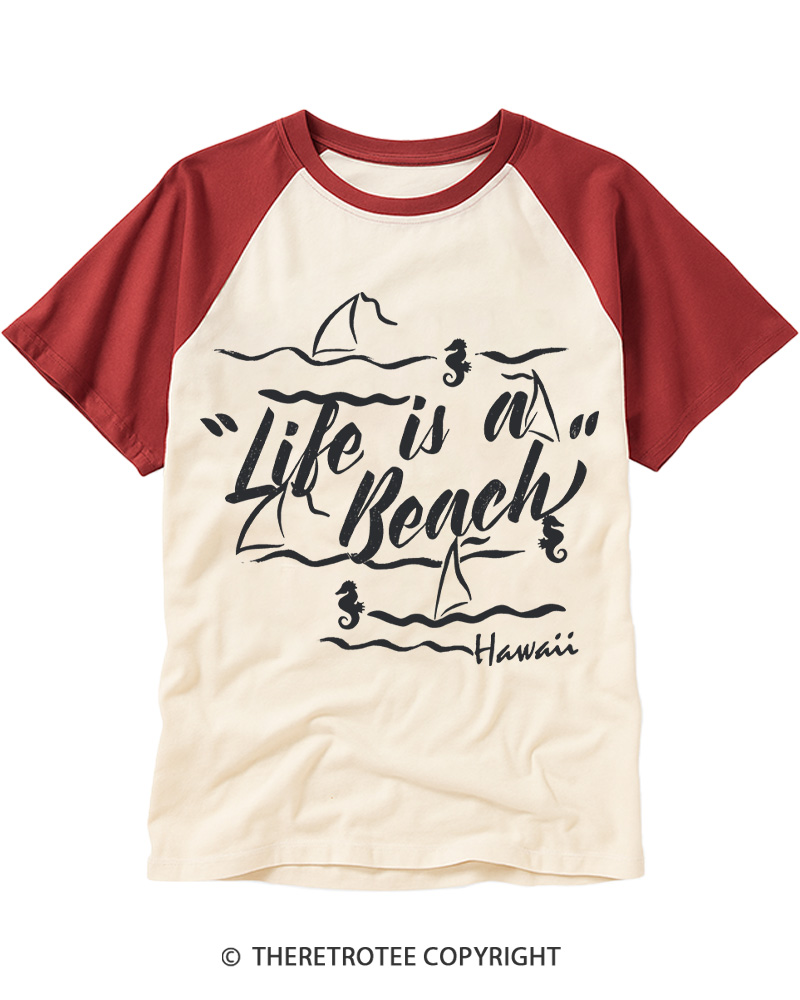 TheRetroTee Life Is A Beach 1980s Raglan Baseball T-Shirt
