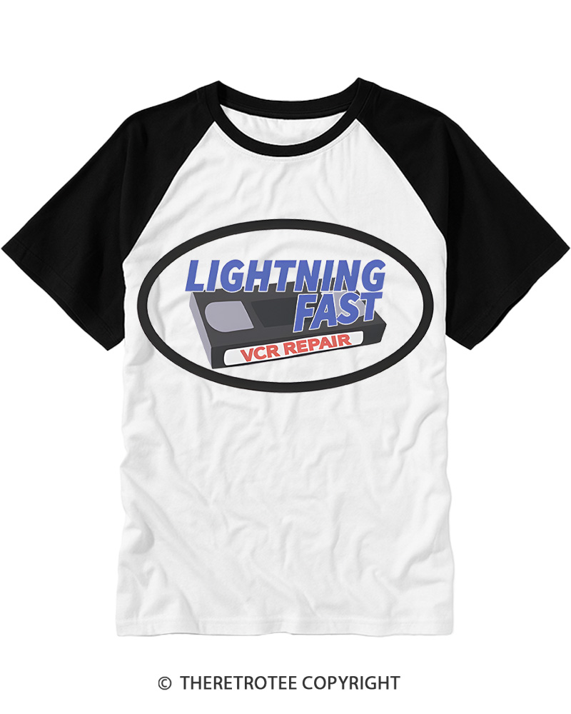 TheRetroTee Lightning Fast VCR Repair 1980s Raglan Baseball T-Shirt