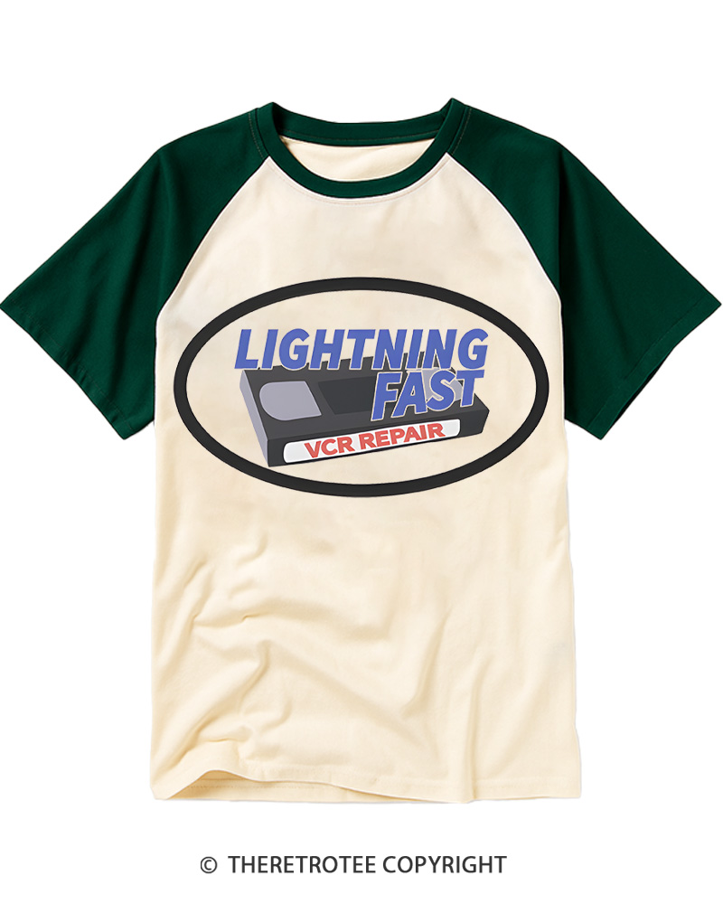 TheRetroTee Lightning Fast VCR Repair 1980s Raglan Baseball T-Shirt