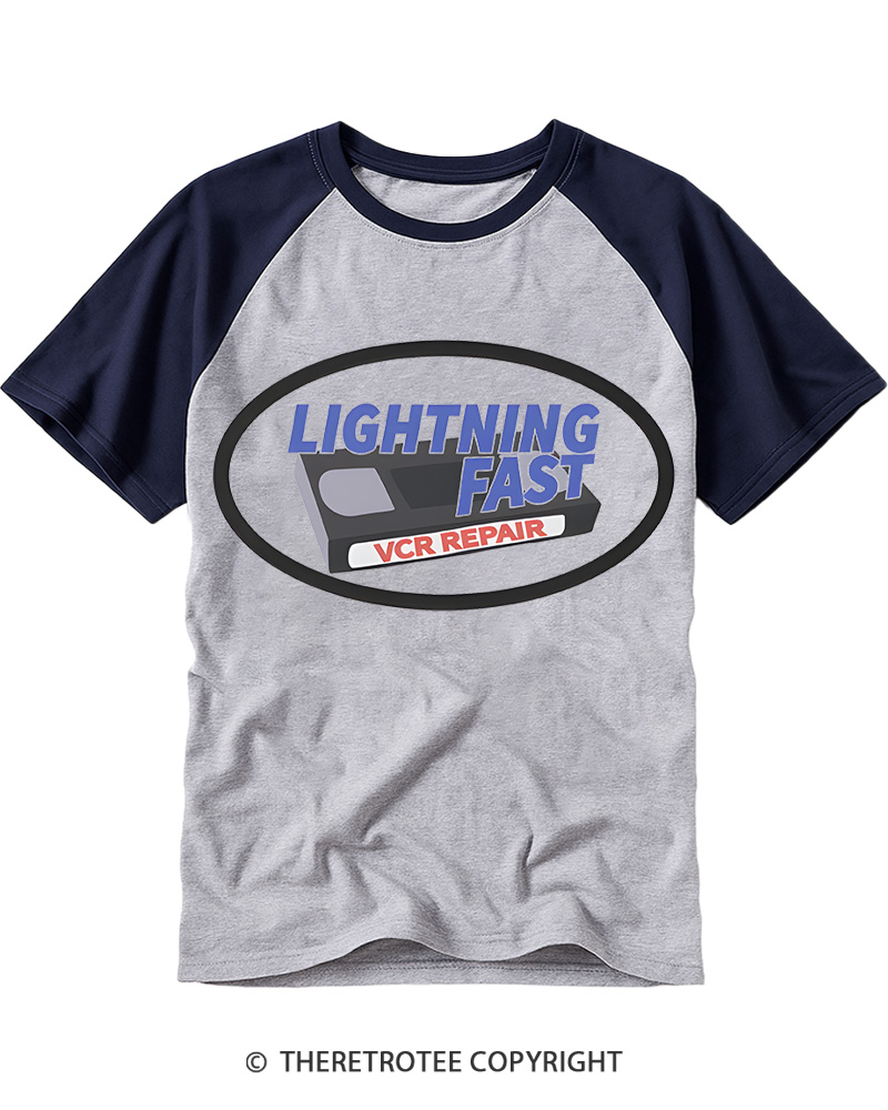 TheRetroTee Lightning Fast VCR Repair 1980s Raglan Baseball T-Shirt