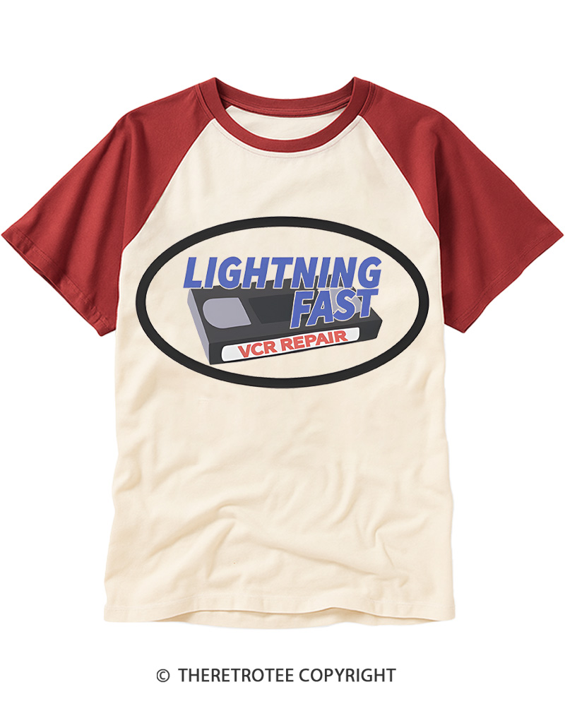 TheRetroTee Lightning Fast VCR Repair 1980s Raglan Baseball T-Shirt