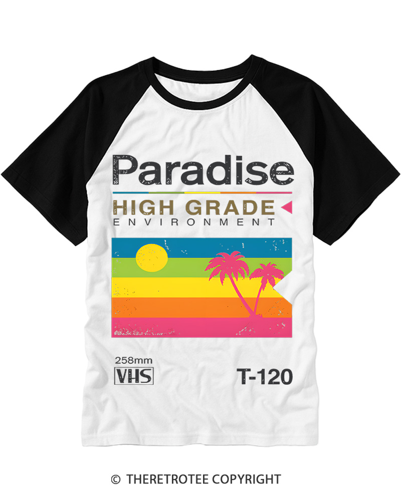 TheRetroTee Retro VHS Paradise Tropical Beach 1980s Raglan Baseball T-Shirt