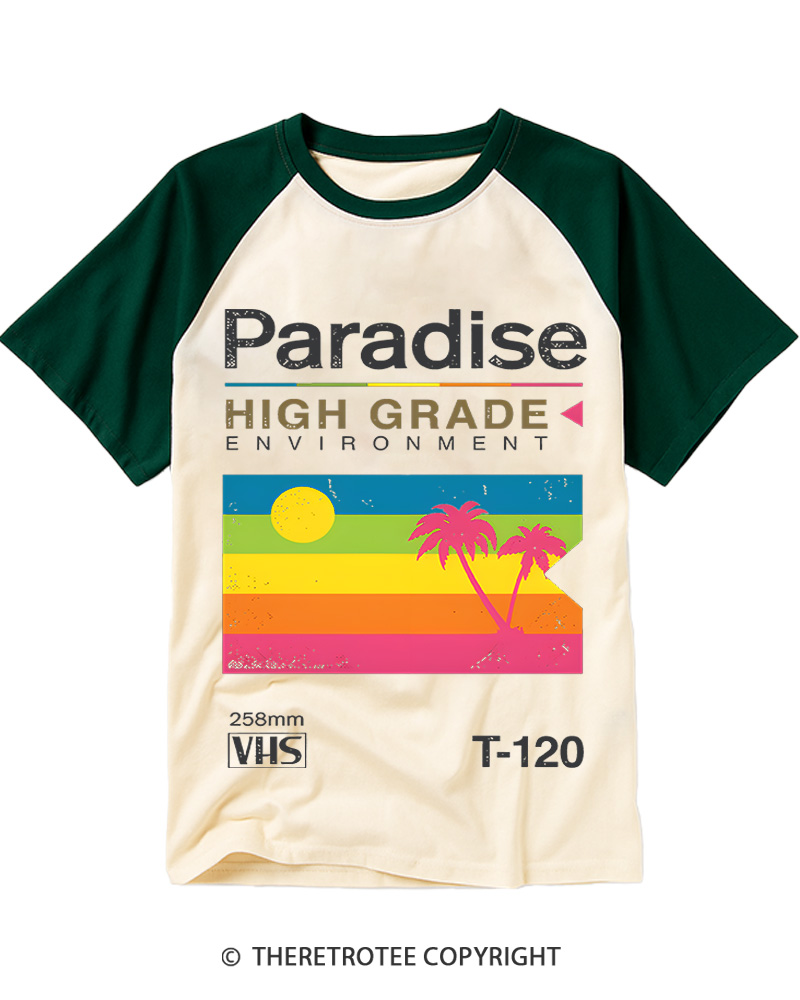 TheRetroTee Retro VHS Paradise Tropical Beach 1980s Raglan Baseball T-Shirt