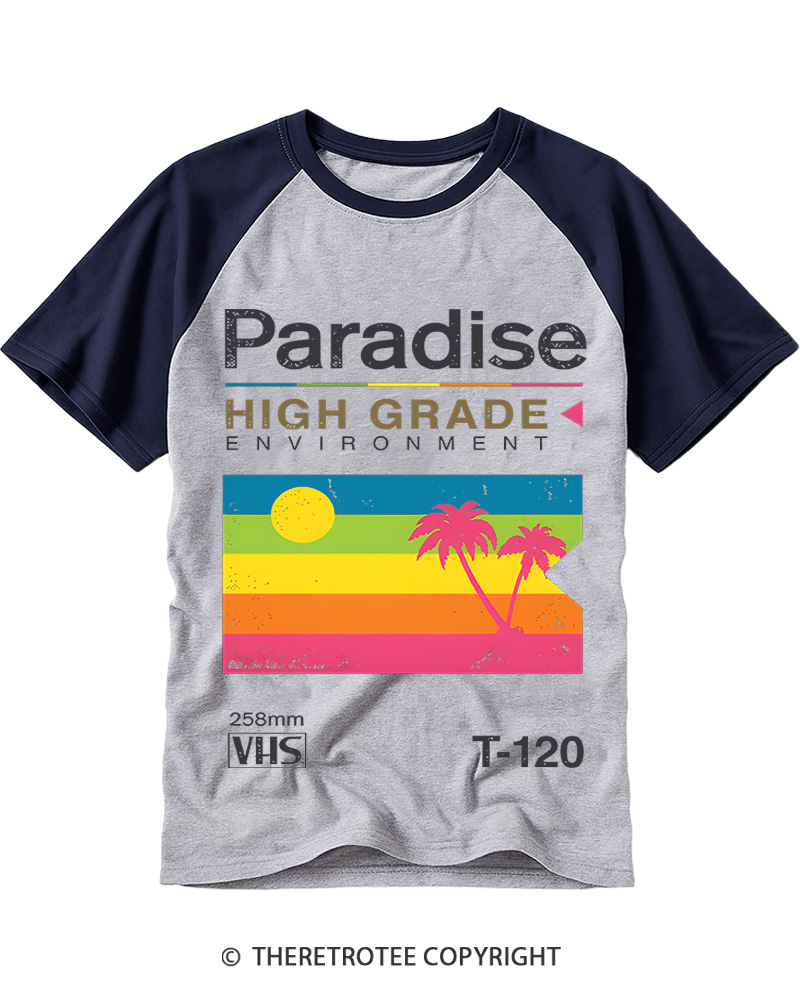 TheRetroTee Retro VHS Paradise Tropical Beach 1980s Raglan Baseball T-Shirt