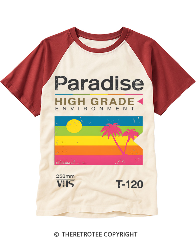 TheRetroTee Retro VHS Paradise Tropical Beach 1980s Raglan Baseball T-Shirt