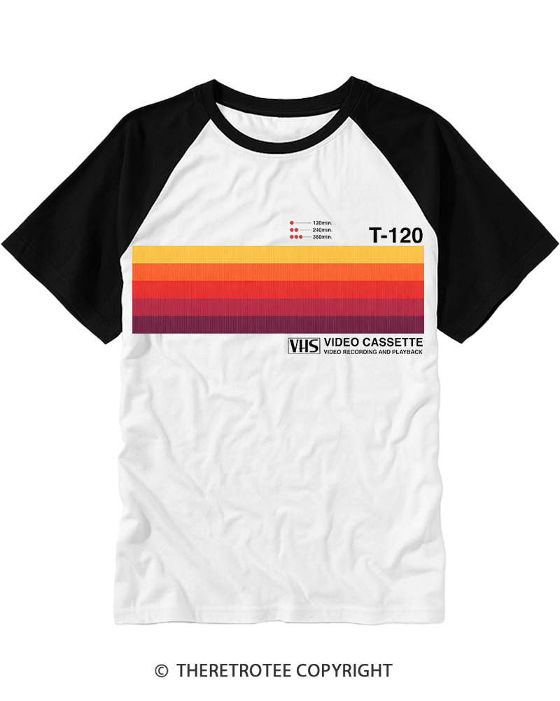 TheRetroTee Sunset Video Cassette VHS 1980s Raglan Baseball T-Shirt