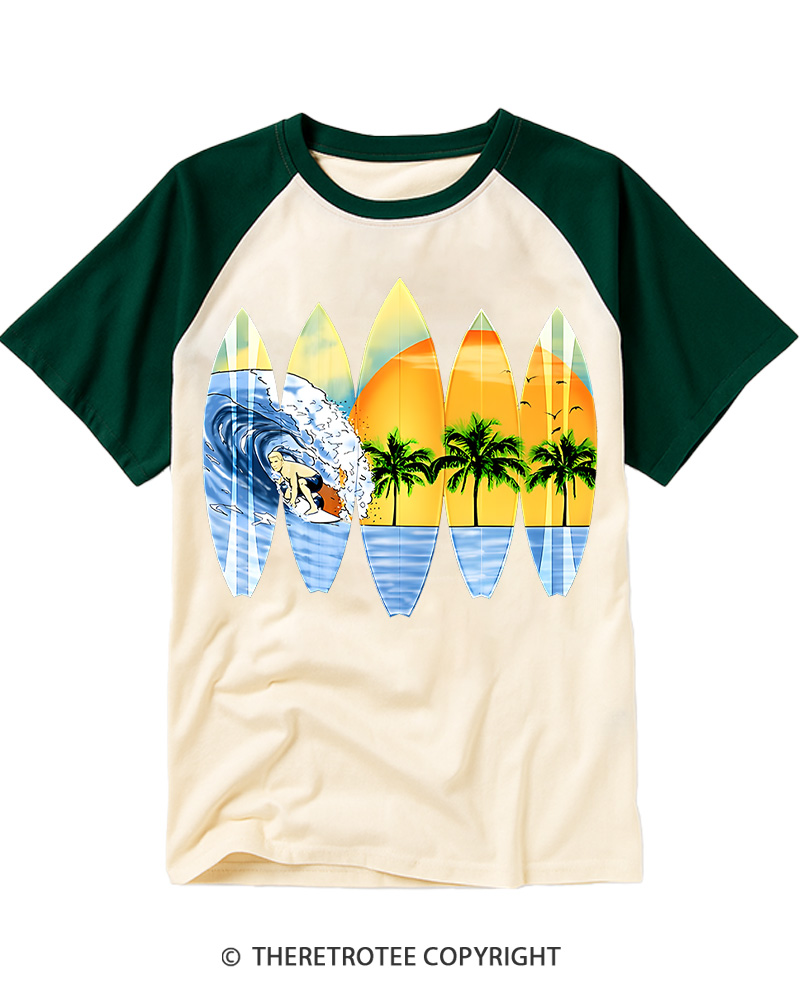 TheRetroTee Surfer And Surfboards 1960s Raglan Baseball T-Shirt