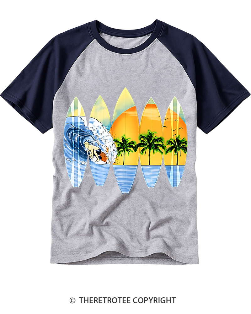 TheRetroTee Surfer And Surfboards 1960s Raglan Baseball T-Shirt
