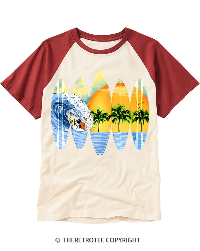 TheRetroTee Surfer And Surfboards 1960s Raglan Baseball T-Shirt