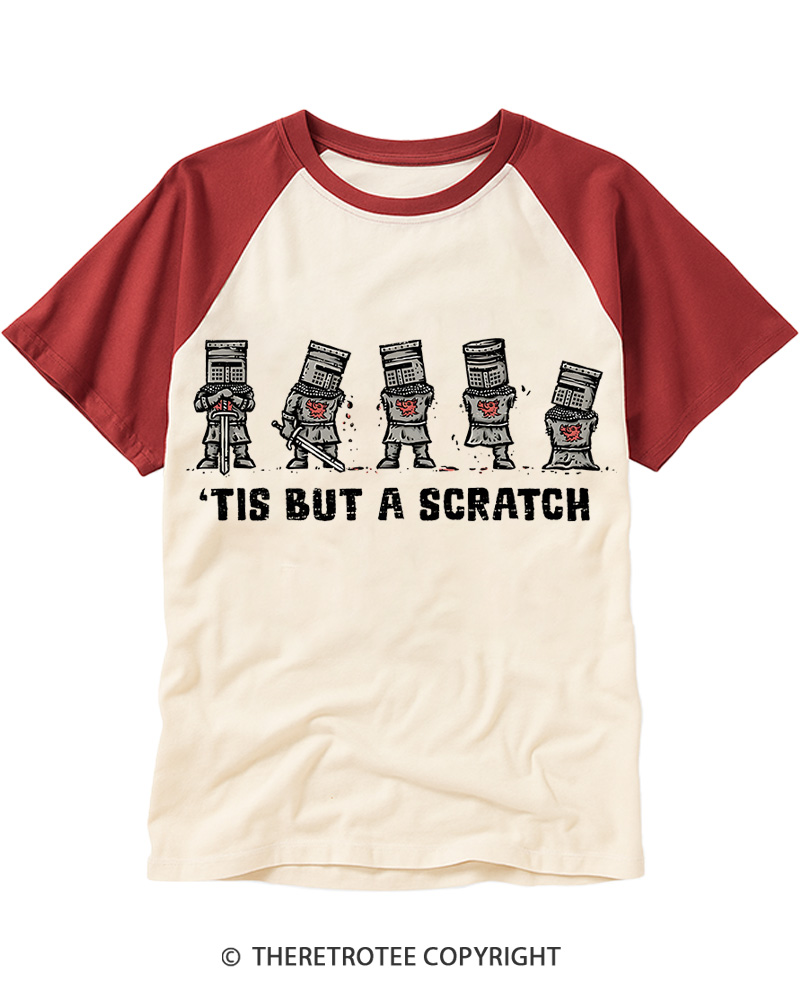 TheRetroTee Tis But A Scratch 1980s Raglan Baseball T-Shirt