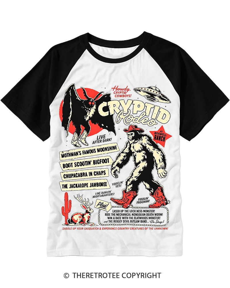 TheRetroTee Cryptid Rodeo Mothman Chupacabra Jackalope Cowboy 1970s Raglan Baseball T-Shirt